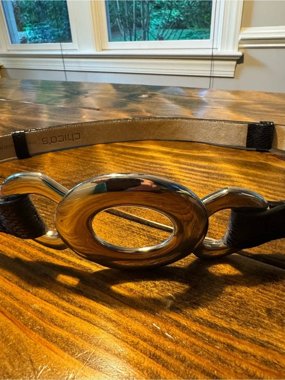 Chico's belt Adjustable black snake skin silver buckle